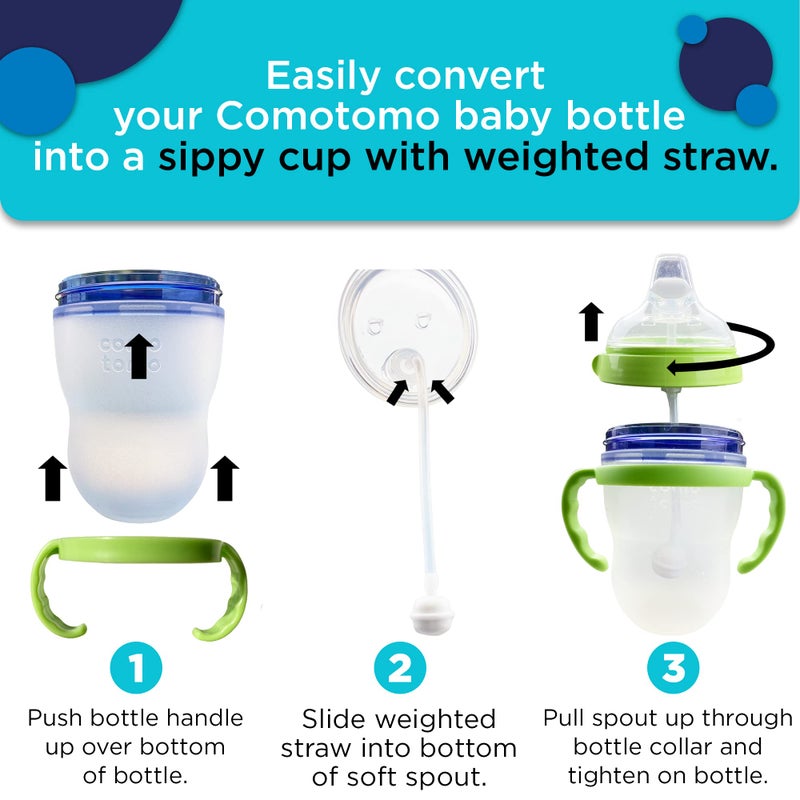 Botabee Soft Spout Transition Sippy Cup Kit for Comotomo Baby Bottles - Botabee Conversion Kit Fits 5 and 8 Ounce Bottle - Sippy Cup Baby Bottle Nipple with Weighted Straw & Bottle Handles (Pack of 2, Green) - Image 5